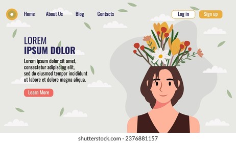 Flat design website landing page template with a portrait of a woman with a bouquet of flowers. Mental health concept. Vector illustration.
