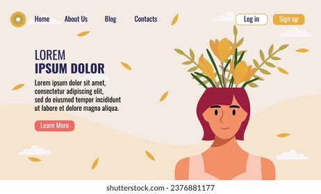 Flat design website landing page template with a portrait of a woman with a bouquet of flowers. Mental health concept. Vector illustration.