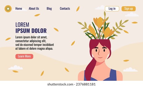 Flat Design Website-Landing-Page-Vorlage mit einem Porträt einer Frau mit einem Blumenstrauß. Konzept der psychischen Gesundheit. Vektorgrafik.
