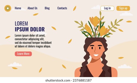 Flat design website landing page template with a portrait of a woman with a bouquet of flowers. Mental health concept. Vector illustration.