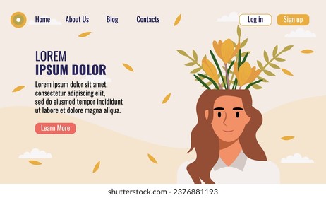 Flat design website landing page template with a portrait of a woman with a bouquet of flowers. Mental health concept. Vector illustration.