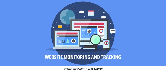 Flat design website monitoring, website data tracking, web traffic analysis on computer screen vector banner