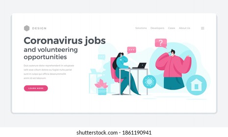 Flat Design Of Website Template Advertising Coronavirus Jobs And Volunteering Opportunities To Help Each Other During Pandemic Of COVID 19