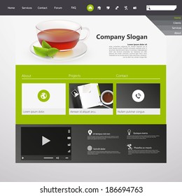 Flat Design / Website Template with photorealistic tea cup and mint. 