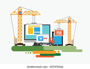 Flat design of website under construction, web page building process. Concept vector illustration.