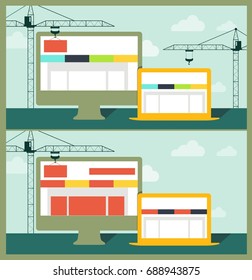 Flat design of website under construction, web page building process.  Vector. Eps 10.