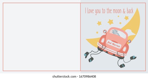 flat design wedding invitation & greeting card vector cartoon. Bride and groom kissing in the car. engaged couple just married & concept creative cans. i love you to the moon & back for valentines day