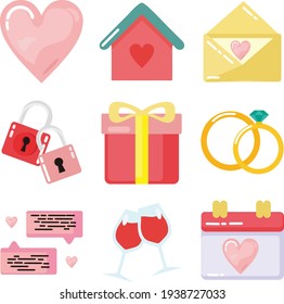 diseño plano con tema de boda, contiene amor vectorial, mensaje, chat, casa, rosa, anillo de acoplamiento.