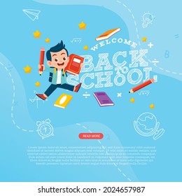 flat design, welcome Back to school with school elements with children's cartoon characters suitable for flyers, greeting cards, banners or social media posts