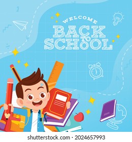 flat design, welcome Back to school with school elements with children's cartoon characters suitable for flyers, greeting cards, banners or social media posts