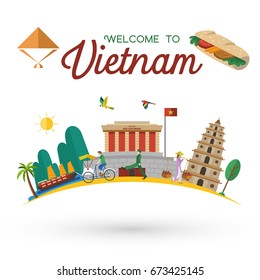 Flat design, Welcome to Vietnam icons and landmarks, vector