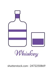 Flat design whiskey bottle and glass. Thin line icons beverages. Outline violet alcoholic drinks with wineglasses isolated on white background. Vector illustration. Linear objects.