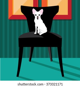 Flat design white Chihuahua on her chair. EPS 10 vector illustration.