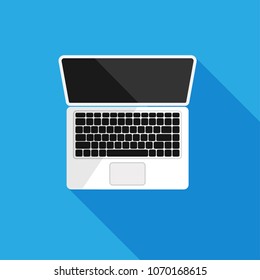 Flat design of white laptop icon isolated on blue background. View top of open laptop. Black screen of monitor. Vector illustration. 