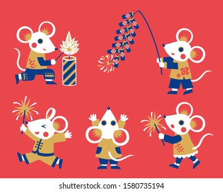 Flat design white mice character collection, rats holding firecrackers and sparklers for lunar year