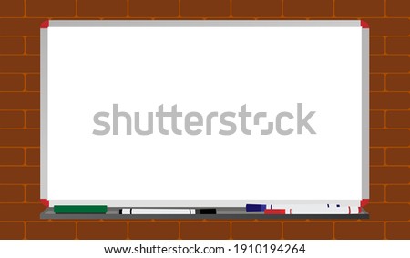 Flat design Whiteboard on brick wall background for copy space , advertisement , announcement and other , Realistic whiteboard. Empty whiteboard with marker pens. copy space mockup template display