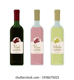 Flat design wine bottles. Red, rose and white wine.