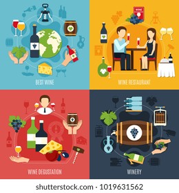 Flat design winery and people degusting best wine 2x2 icons set isolated on colorful background vector illustration