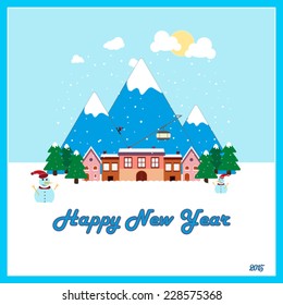 Flat design winter destination postcard vector illustrator, Happy new year theme.