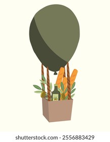  Flat Design Winter Illustration with Air Balloon and Baguette, Olive Oil, Olive