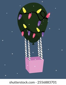 Flat Design Winter Illustration with Air Balloon and Lights Decoration