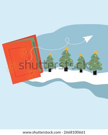 Flat Design Winter Illustration with Book at Christmas Tree Background and Pont