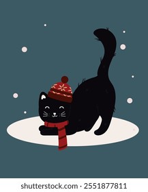 Flat Design Winter Illustration with Cute Character Black Cat and Wear Hat,Scarf