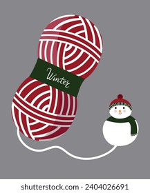  Flat Design Winter Illustration with Set of Two Balls of Woolen Thread and a Snowman