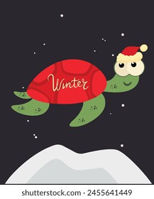 Flat Design Winter Illustration with Turtle Wearing Santa Hat