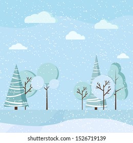 Flat design winter landscape background with blue trees, spruces, fields, road, sky, clouds vector illustration in cartoon style. Christmas snowy nature scene.