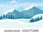 Flat design winter landscape. Beautiful winter flat landscape background. Winter landscape with mountains and snowfall. Flat design. Vector