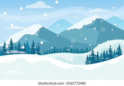 Flat design winter landscape. Beautiful winter flat landscape background. Winter landscape with mountains and snowfall. Flat design. Vector