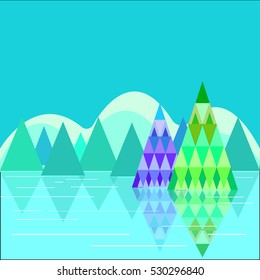 Flat design winter landscape with mountains & pine trees