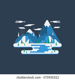 Flat design winter nature landscape illustration with mountains, hills and clouds.