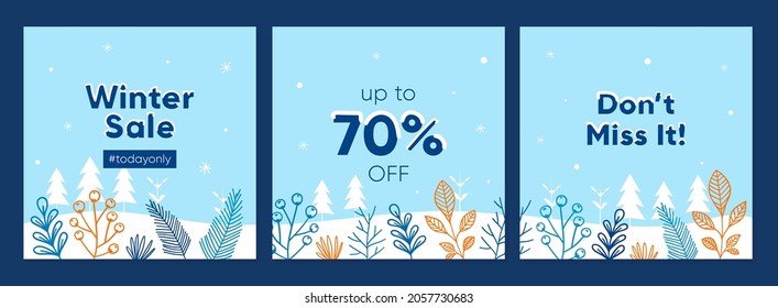 Flat design winter sale promotion square banner set. Social media post and feed template