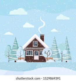 Flat design winter snowy landscape nature scene with modern brick house front view, chimney smoke, trees, spruces, clouds, snow, fields in cartoon style. Christmas vector background illustration.