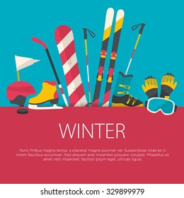 Flat design winter sport concept. Sports equipment background.