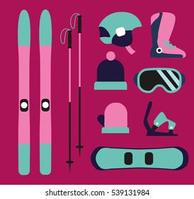 Flat design winter sport concept. Winter sports equipment.