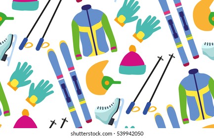 Flat design winter sport concept. Pattern with Winter sports equipment.