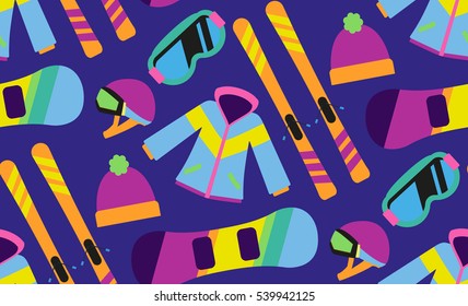 Flat design winter sport concept. Pattern with Winter sports equipment.