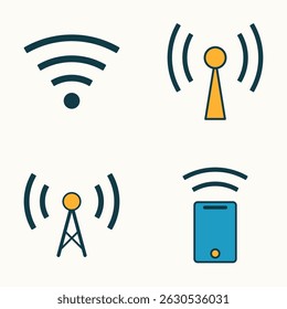 Sinal sem fio de design plano e ícones de antena com elementos azuis e amarelos no fundo branco