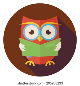 Flat Design Wisdom Bird Owl Reading Book Circle Icon with Long Shadow. Back to School and Education Vector illustration. Flat Style Clever Colorful Owl Bird Reading the Book