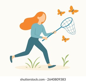 Flat Design Woman Chasing Butterflies with Net Illustration Concept