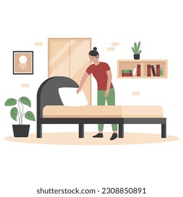 Flat design of woman is cleaning the bed. Illustration for website, landing page, mobile app, poster and banner. Trendy flat vector illustration