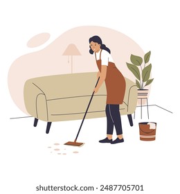 Diseño plano de mujer limpiando suciedad en el suelo. Ilustración para Sitios web, landing pages, App móviles, carteles y Anuncios. Ilustración vectorial plana moderna