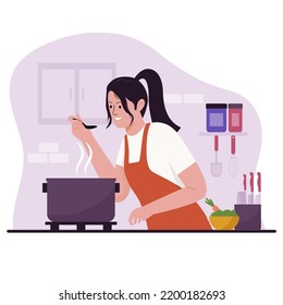 Flat design of woman cooking in kitchen. Illustration for websites, landing pages, mobile applications, posters and banners. Trendy flat vector illustration