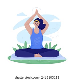 Flat design of a woman doing yoga pose outdoor, Enjoy daily routine meditation, Vector illustration