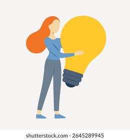 Mulher de design plano abraçando conceito de inspiração de ideia de lâmpada gigante