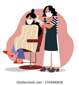 Flat design a woman at hairdresser wearing face masks to protect coronavirus. Vector art illustration. Covid-19 epidemic protection.