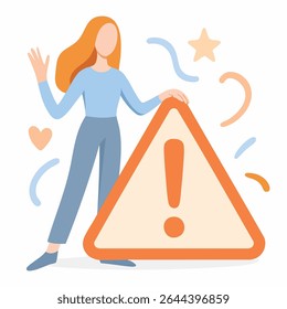 Flat Design Woman Holding Warning Triangle Sign with Star and Heart Shapes